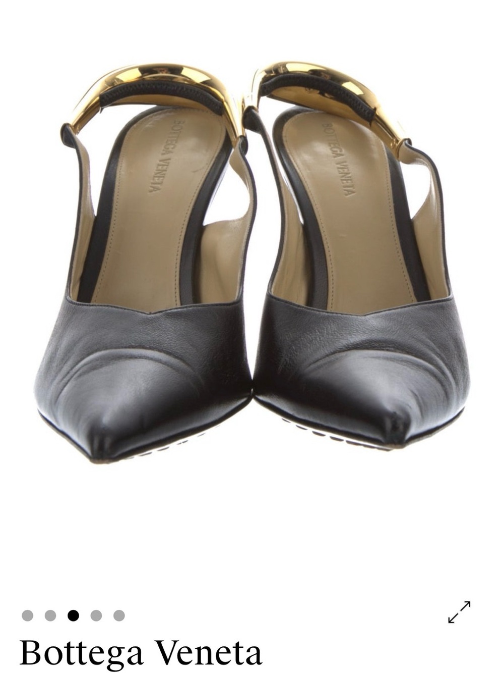 Bottega Veneta Black Leather Pointed Slingback Heels with Gold Accent
